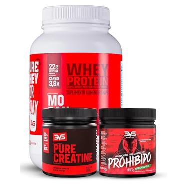 Imagem de 3VS Nutrition Combo Whey 100% Sabor Morango 900g + Creatina Pura 300gr + Pré Treino Prohibido Sabor Maça Verde 360gr