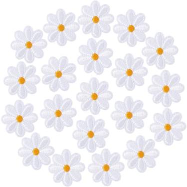 Imagem de PAGOW 20 peças de aplique de flores de ferro em patches, aplique de margarida fofo, aplique costurado em apliques bordados para bolsas, jaquetas, jeans, adesivos de roupas DIY, 4 x 4 cm (L*A) - Branco
