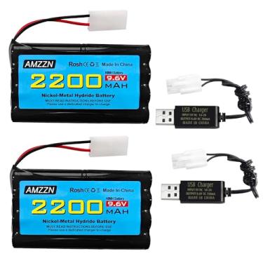 Imagem de AMZZN 2 peças 9,6V 2200mAh AA NiMH bateria com plugue Tamiya e cabo de carregamento USB para carros de brinquedo RC, caminhões, tanques, veículos de engenharia, navios RC, acessórios de bateria