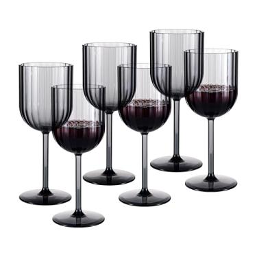 Imagem de ZAINCA Taças de vinho de haste caneladas de plástico de 400 ml, taças arcílicas nervuradas para todos os fins, conjunto de 6 cinzas, reutilizáveis, resistentes a quebras, laváveis na lava-louças