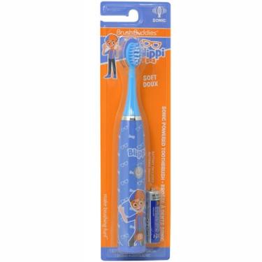 Imagem de Brush Buddies Escova de dentes elétrica Blippi para crianças, escova de dentes sônica alimentada por bateria, cerdas macias, escova de dentes infantil para meninos e meninas, cuidados bucais infantis