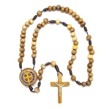 Imagem de Terço de São Bento Madeira Natural Bolas 6 mm