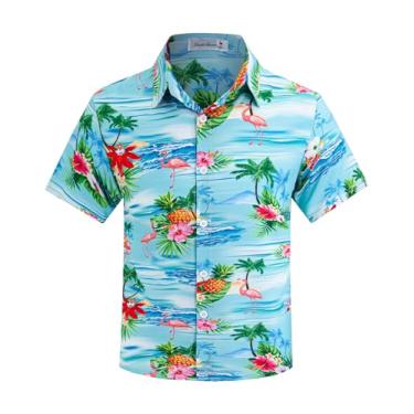 Imagem de KazzSail Camisa havaiana de botão para meninos manga curta, camisetas havaianas de verão para meninos de 7 a 14 anos, Flores azuis claras, 13-14 Anos