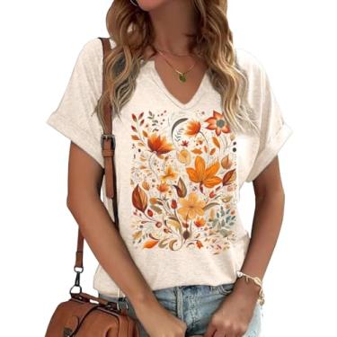 Imagem de Earlymemb Camiseta feminina vintage com estampa de flores e gola V Boho floral flores silvestres casual Cottagecore camiseta manga curta, A - damasco - 8, XGG