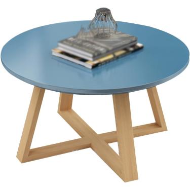Imagem de Mesa de centro redonda pequena, mesa lateral de madeira, mesa de jantar baixa com pernas estáveis, mesa de lazer à prova d'água para varanda, sala de estar, quarto, azul, 80 * 80 * 45 cm