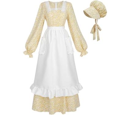 Imagem de FCCAM Fantasia colonial de pioneiro para mulheres, vestido floral de pradaria, avental com babados com bolsos, vestido da guerra civil amarelo 2GG