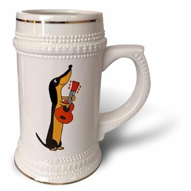 Imagem de 3dRose Engraçado cão Dachshund de dois tons tocando guitarra - caneca Stein, 530 ml, 650 ml, branco