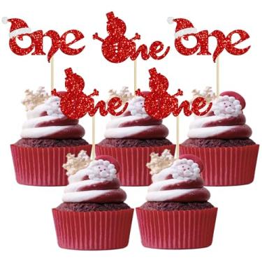 Imagem de Gyufise 24 peças de enfeite de cupcake de Natal com glitter, chapéu de Papai Noel, boneco de neve, primeiro aniversário, quequete, topos para chá de bebê de inverno, crianças, 1º aniversário, suprimentos para festa de Natal, vermelho