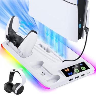 Imagem de Estação de resfriamento e carregamento fina para PS5/PS5 com ventilador de resfriamento, suporte fino para PS5/PS5 para disco e console digital, carregador de controle PS5, acessórios finos para