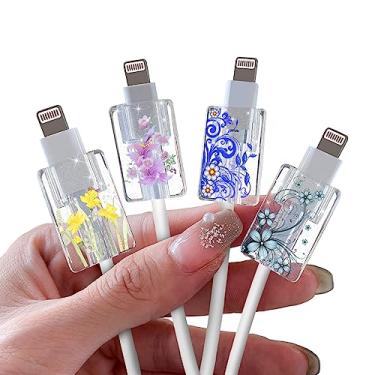 Imagem de Protetor de cabo com glitter para iPhone Type-c Charger, lindo padrão floral de filamentos de flores, conjunto de 4 peças, protetor de cabo de telefone para mulheres e meninas, protetor de cabo de carregamento, cortador de cabo, protetor de cabos