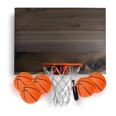 Imagem de Cali Kiwi Pros Conjunto de mini cesta de basquete e bola Elite, suporte de parede, interior feito nos EUA. Inclui aro de 23 cm, rede, bomba e 5 mini bolas de basquete. (lavagem envelhecida)