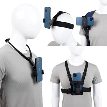 Imagem de Kit de suporte para celular, suporte de peitoral + alça de cabeça + suporte de pescoço de selfie para celular + alça de mochila, compatível com iPhone, Samsung, smartphone, GoPro e câmera de ação, etc