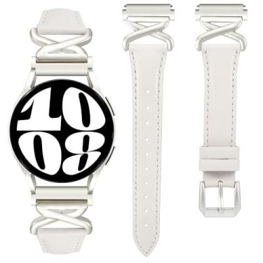 Imagem de JR.DM Pulseiras de couro femininas compatíveis com Samsung Galaxy Watch 6/5/4/Active 2 de 40 mm e 44 mm/Watch 6 Classic de 43 mm e 47 mm/Watch 5 Pro de 45 mm/Watch 4 Classic de 42 mm e 46 mm, fina de