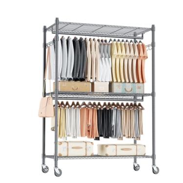 Imagem de Homdox Suporte de roupas resistente, suporte ajustável para roupas com prateleiras de armazenamento de 3 camadas, guarda-roupa independente para pendurar roupas com ganchos laterais, cinza