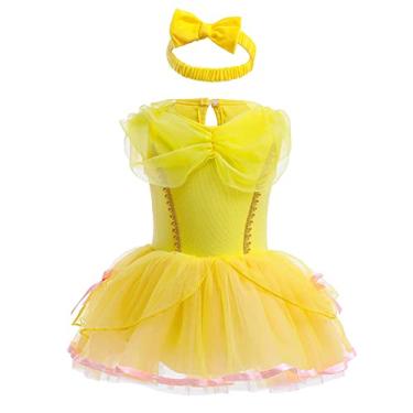 Imagem de IBAKOM Macacão + faixa de cabeça para meninas, vestido de festa de aniversário, Halloween, Natal, aniversário, Plissado amarelo, 3-6 Months