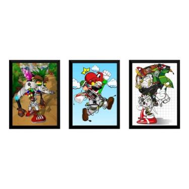 Imagem de Kit 3 Quadros A4 Games Retro Crash Mario Sonic Arte Consoles - Fanarte