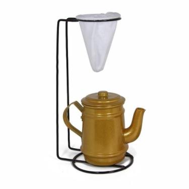 Imagem de Jogo De Café Mini Bule 400ml Alumínio + Suporte Com Coador - Dourado -