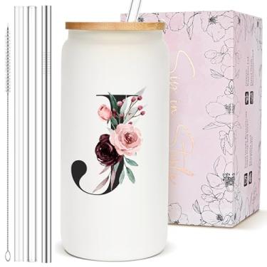 Imagem de Presentes personalizados fofos para mulheres, copos de vidro de monograma com tampas e canudos, xícara de café gelado inicial, caneca de carta personalizada, presentes de aniversário para melhores