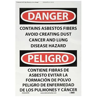 Imagem de NMC ESD640PB Placa bilíngue OSHA, legenda "DANGER - CONTÉM FIBRAS ASBESTOS EVITAM CRIAR CÂNCER DE POEIRA E PERIGO DE DOENÇA PULMÔNICO", 25,4 cm de comprimento x 35,5 cm de altura, vinil sensível à