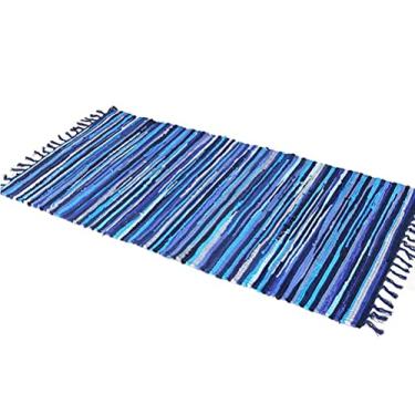 Imagem de SERENITA Chindi Tapete reversível de algodão tecido à mão para cozinha, quarto, banheiro, sala de estar, lavável, listrado, azul, 56 x 91 cm