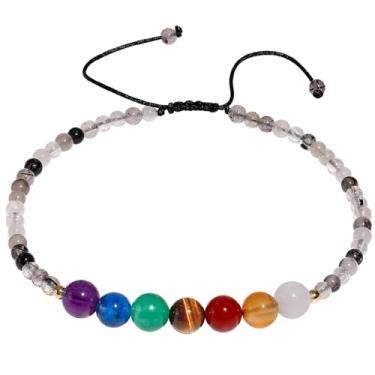 Imagem de Lightock Tornozeleira com contas de quartzo rutilado preto espiritual 7 chacras para mulheres equilíbrio energia meditação praia pé joias, Large, Pedra, Quartzo rutilado