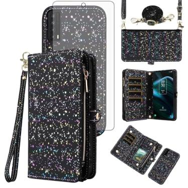 Imagem de Asuwish Capa de telefone para TCL Stylus 5G 2022 com zíper carteira magnética destacável com protetor de tela de vidro temperado e compartimento para cartão com glitter, suporte para celular TLC Stylo