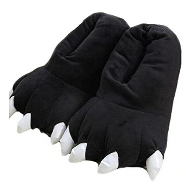 Imagem de HengQiu Pantufas unissex de pelúcia com pata de animal, felpudo, quente, para casa, dinossauro, pata, Preto, 8.5-12 Women/7-10 Men