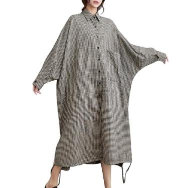 Imagem de ellazhu Feminino casual manga comprida botão solto xadrez algodão manga morcego maxi camisa vestido ga2710 preto branco