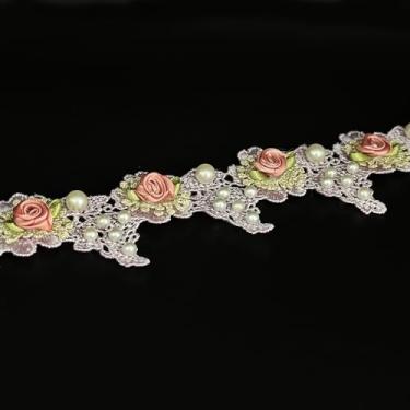 Imagem de 1 jarda vintage pérola contas rosas flores bordadas borda de renda tecido apliques florais fita de renda nupcial artesanal costura artesanal para casamento, vestido de noiva, roupas, chapéu, decoração