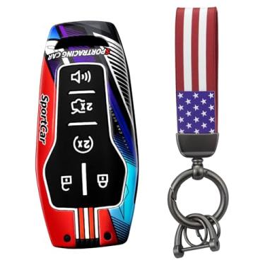 Imagem de HIBEYO Capa de chaveiro de 5 botões compatível com Ford Fusion F-150 Mustang Lincoln MKZ MKC Acessórios Smart Fashion Metal Painted Key Shell with US Flag Keychains-C Keychain Vermelho