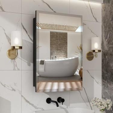 Imagem de Armário de remédios embutido de 40,6 x 61 cm com espelho chanfrado, armário de remédios de metal para banheiro com prateleiras ajustáveis, armários de remédios pretos montados na parede para