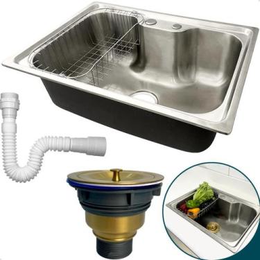Imagem de Cuba Inox 304 Cozinha Gourmet 60x42 Sobrepor Pia Bancada Com Cesto Esc