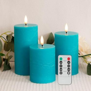 Imagem de AFINETH Velas de pilar sem chamas azul-petróleo, velas de cera operadas por bateria com controle remoto, velas sem chama cintilantes de topo plano, velas de LED para casa, casamento, decoração de