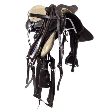 Imagem de Sela de Cavalo com Cabeça Marrom e Bege Infantil de Aba Inox Luxo 12 Polegadas