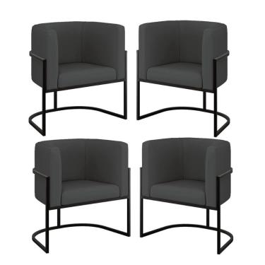 Imagem de Kit 04 Poltronas Lua Sala Decorativa Base Ferro Black Corino Cinza