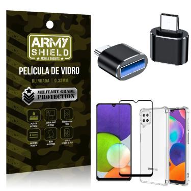 Imagem de Kit Samsung A22 4G Adaptador otg Tipo C para USB + Capa Anti Impacto + Película 3D - Armyshield