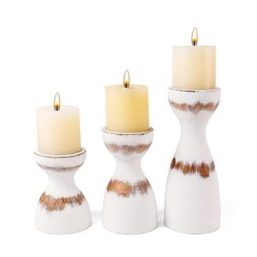 Imagem de Conjunto de 3 castiçais de madeira para casa de fazenda para velas de pilar, suportes de vela de pilar de madeira rústica branca envelhecida com arco de corda de cânhamo decoração de mesa central para