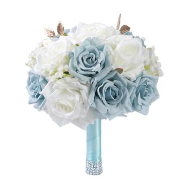 Imagem de rockible Flor de seda artificial de buquê de casamento, fotos de fotos elegantes de ornamentos centrais decoração de decoração caseira jogando buquê para festa, 22 Cm de Largura