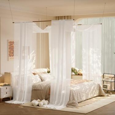 Imagem de lazyzzz Cortinas De Cama Com Dossel Branco E Luz, Lenço Princesa Para Casal/Queen, Estrutura Metal, Madeira - Cortina Transparente 2 Painéis