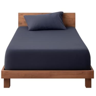 Imagem de Decolab Jogo de Lençol Malha 100% Algodão Extra Macio - Roupa De Cama Antiácaro, Inclui Lençol Com Elástico (Forro) E Fronhas (Azul-marinho, Solteiro Simples)