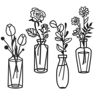 Imagem de Decoração de parede de flores de metal, 4 peças, vasos de ferro forjado, decoração de parede para sala de estar, arte de parede para quarto, grande e moderna, escultura de parede, preto, estilo I