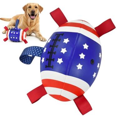 Imagem de ShuRung 4 de julho, brinquedo para cães de futebol com alças, bolas de brinquedo interativas para animais de estimação para cabo de guerra padrão Dia da Independência dos EUA futebol americano para