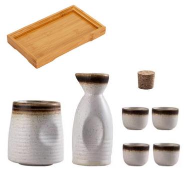 Imagem de Conjunto De Saquê Japonês Garrafa De Saquê De Cerâmica E Copos De Saquê Com Bandeja De Madeira Para Casa Ou Restaurante, 1 Pot 4 Cups 1 Warmer 1 Tray(brown and White)