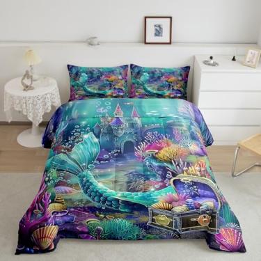 Imagem de jejeloiu Conjunto de cama solteiro de sereia azul-petróleo, coral submarino, para crianças, adolescentes, adultos, castelo, conjunto de edredom com tema oceano, 2 peças