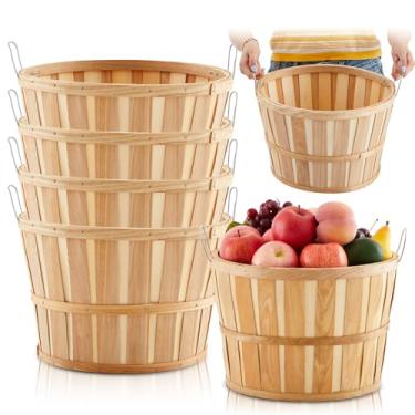 Imagem de Marsui 4 cestas de maçã grandes redondas de madeira de 35,5 x 24 cm com alças feitas à mão para o mercado de fazendeiros, colheita de frutas, uso pessoal ou comercial