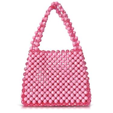 Imagem de QTKJ Bolsa feminina clutch com contas, bolsas de noite, bolsa de ombro quadrada, bolsas para festas, casamentos, viagens (rosa), rosa, One Size