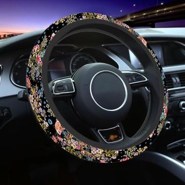 Imagem de NOMEDOGYIm Capa de volante de carro buquê ventilador e folhas de flores capa de volante decoração de carro adequada para a maioria dos veículos, incluindo caminhões e SUV