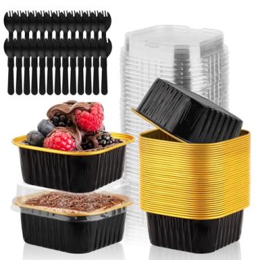 Imagem de CXIIPOL Pacote com 35 mini formas quadradas de 142 g com tampas, mini formas de bolo de 9 x 9 cm, copos de alumínio descartáveis para bolo, recipientes para festas, casamentos, aniversários, preto e