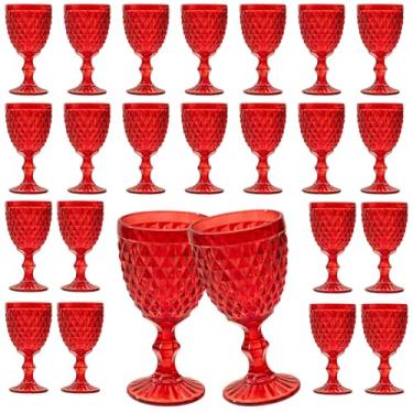 Imagem de 24 peças de taças de vinho vintage, taças de água de vidro colorido de 283,5 g, padrão exclusivo em relevo, vidro de haste alta transparente, para festa de casamento, bar de vidro, copos vermelhos de