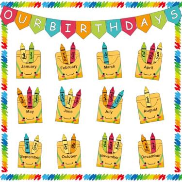 Imagem de Conjunto de quadro de avisos de aniversário para decorações de sala de aula, recortes de caixa de lápis, etiquetas coloridas com bordas de acabamento para decoração de parede de porta de aniversário